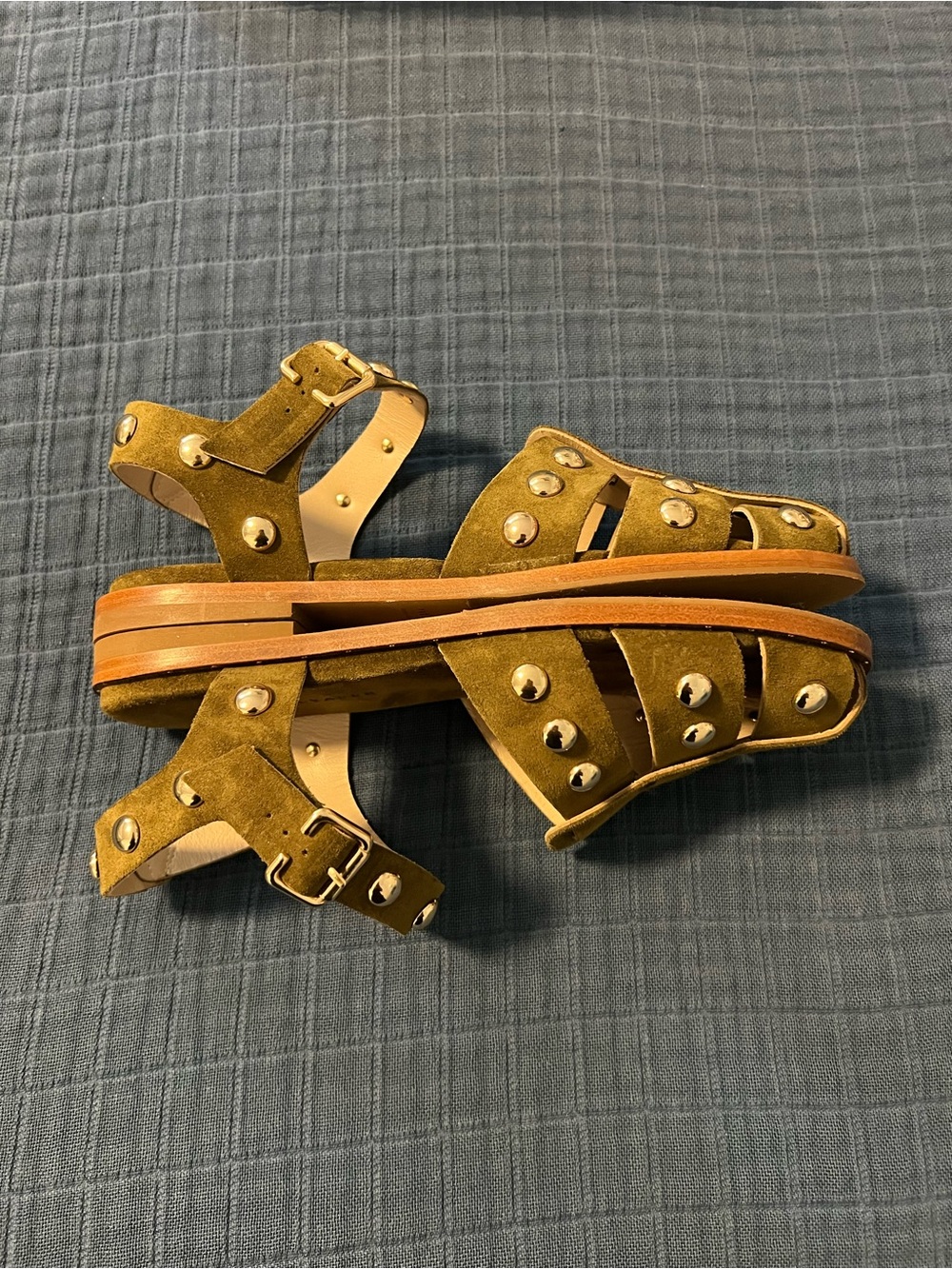 Freda Salvador: Sera Fisherman Sandal - Olive Suede w/ Gold Studs EUC - Picture 7 of 13